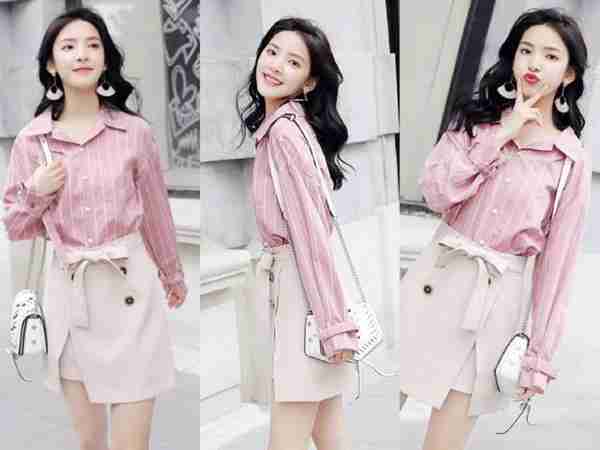 秋季流行粉色系衬衫,搭配适合的短裙,这样穿很甜美又显腿长!